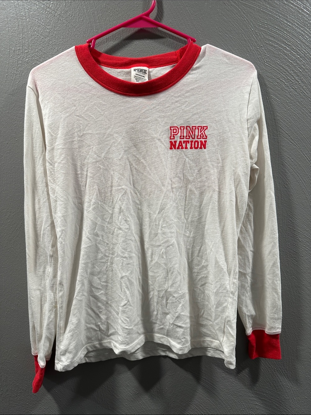 PINK Victoria's Secret White Long-Sleeve Ringer Tee with Red Trim